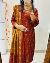 Premium Ajrak Cotton Suit Set – Maroon & Mustard Ikat Print | Kurti, Pant & Dupatta
