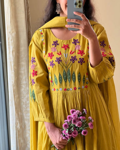 Vibrant Yellow Anarkali With Floral Embroidery