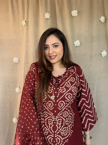 Maroon Handblock Printed Kurta Set with Dupatta